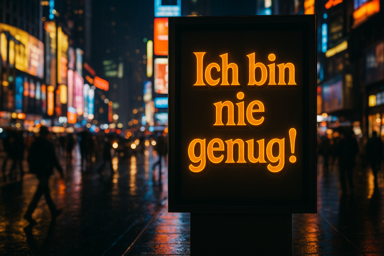 Neonschriftzug auf einem Citylight mit dem Text:  Ich bin nie genug!